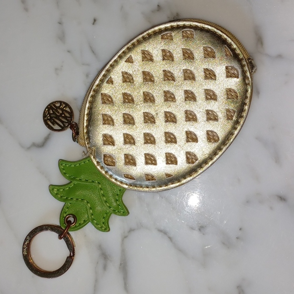 Lilly Pulitzer Pineapple metallic gold tone straw trim zipper coin purse 6"x3.5"